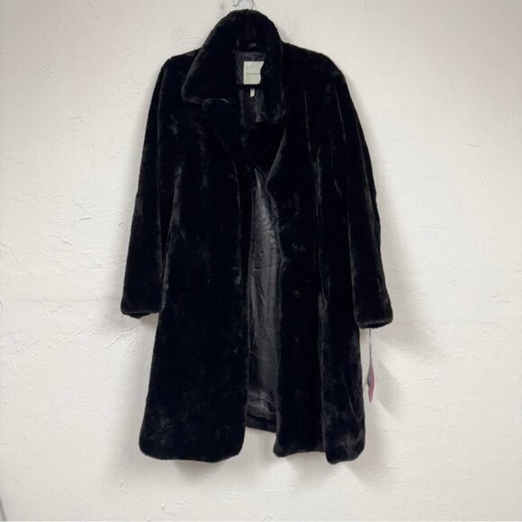Avec Les Filles Black Faux Fur Long Coat Womens L Classic Warm Jacket Preppy - Picture 1 of 12